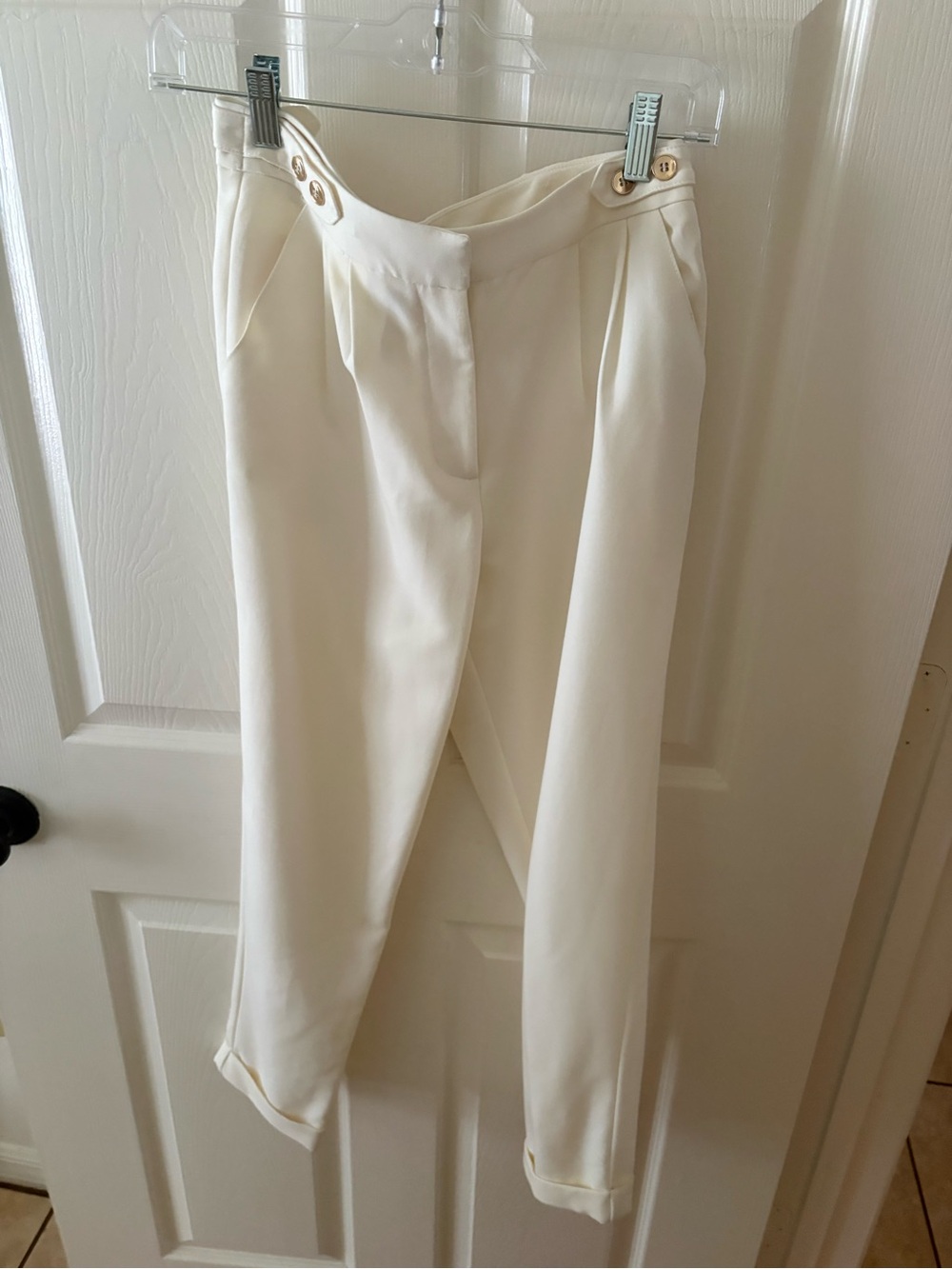 Forever 21 Cream High-Rise Pleated Trousers with Button Detail